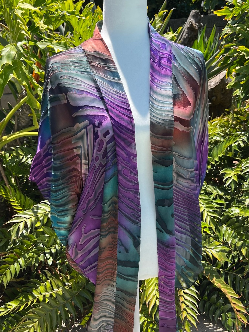 100% Silk Abstract Print Sheer Kimono Cardigan in Purple & Teal one size